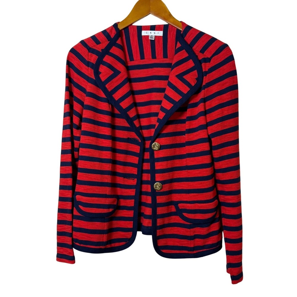 Cabi Women Knit Blazer S Red Navy Blue Striped Gold Anchor Button Nautical Coast